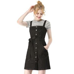 Women's Classic Adjustable Strap A-Line Overall Denim Dress Black